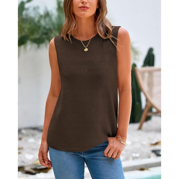 Btfbm Women Brown Sleeveless Crew Neck Ribbed Knit Lightweight Pullover Sweater - Picture 4 of 9